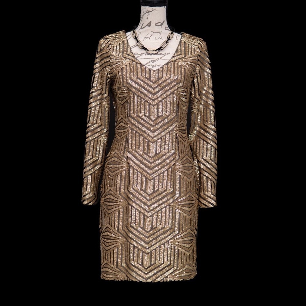 AQUA BRAND GOLD SEQUIN GATSBY LONG SLEEVE MINI DRESS 8/10